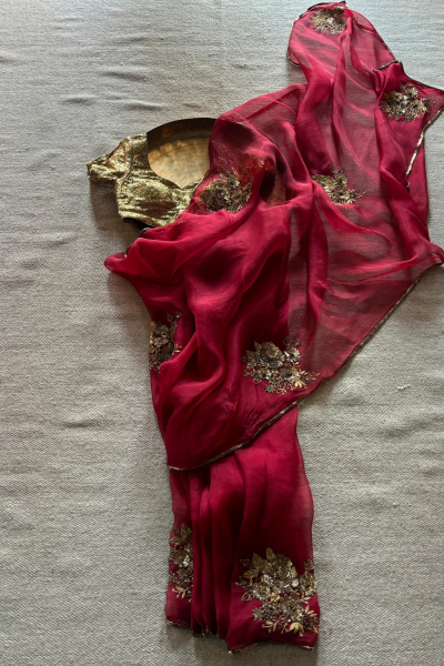 PARO RED SILK ORGANZA SAREE