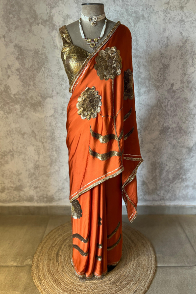LAURET ORANGE SILK SATIN SAREE