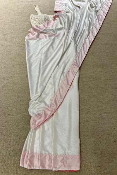 ZEENA WHITE PINK SATIN SAREE