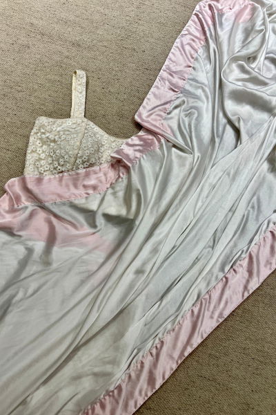 ZEENA WHITE PINK SATIN SAREE